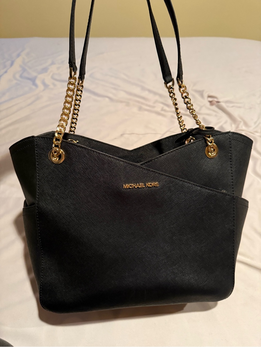 Michael Kors Black Saffiano Leather Tote with Gold Chain Straps